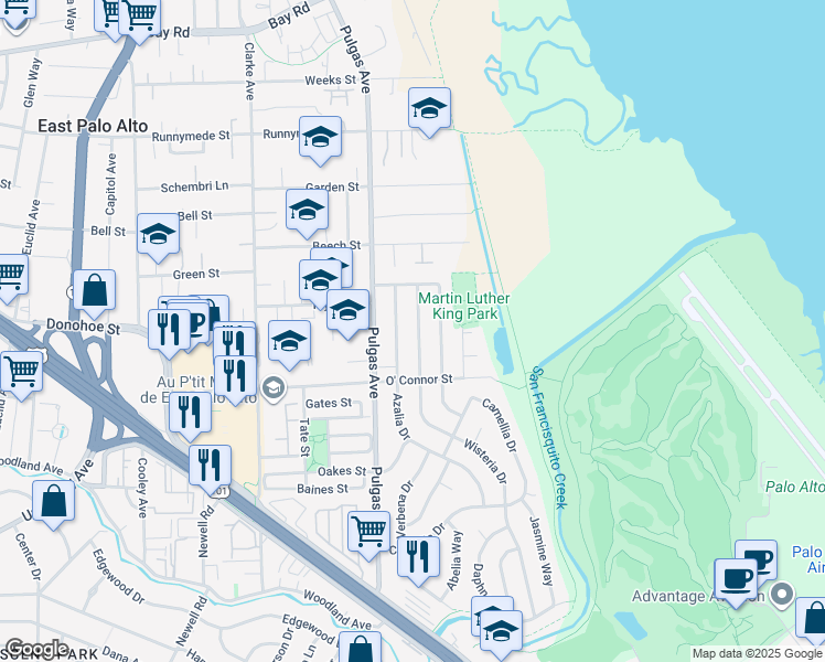 map of restaurants, bars, coffee shops, grocery stores, and more near 443 Wisteria Drive in East Palo Alto