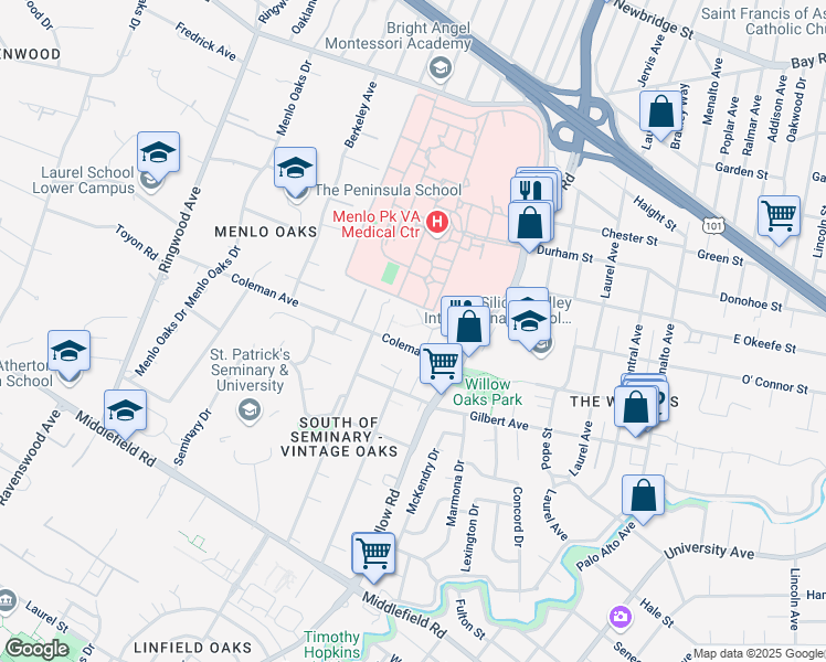map of restaurants, bars, coffee shops, grocery stores, and more near 11 Coleman Place in Menlo Park
