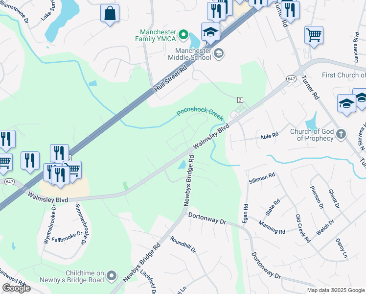 map of restaurants, bars, coffee shops, grocery stores, and more near 7651 Van Hoy Drive in Richmond