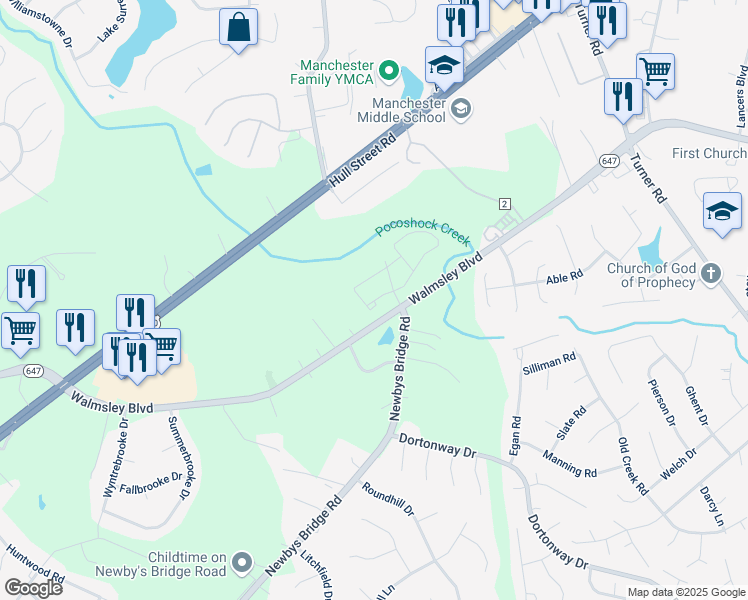 map of restaurants, bars, coffee shops, grocery stores, and more near 7660 Van Hoy Drive in Chesterfield County