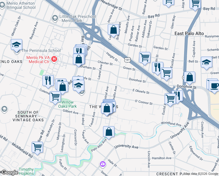 map of restaurants, bars, coffee shops, grocery stores, and more near 626 Central Avenue in Menlo Park