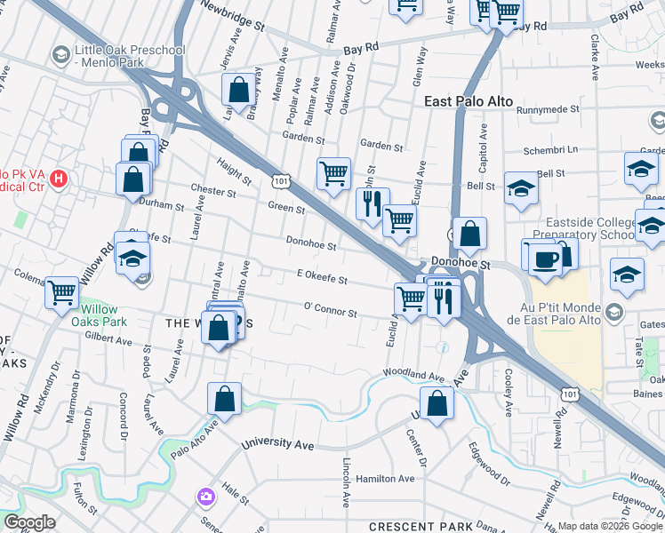 map of restaurants, bars, coffee shops, grocery stores, and more near 301 East Okeefe Street in East Palo Alto