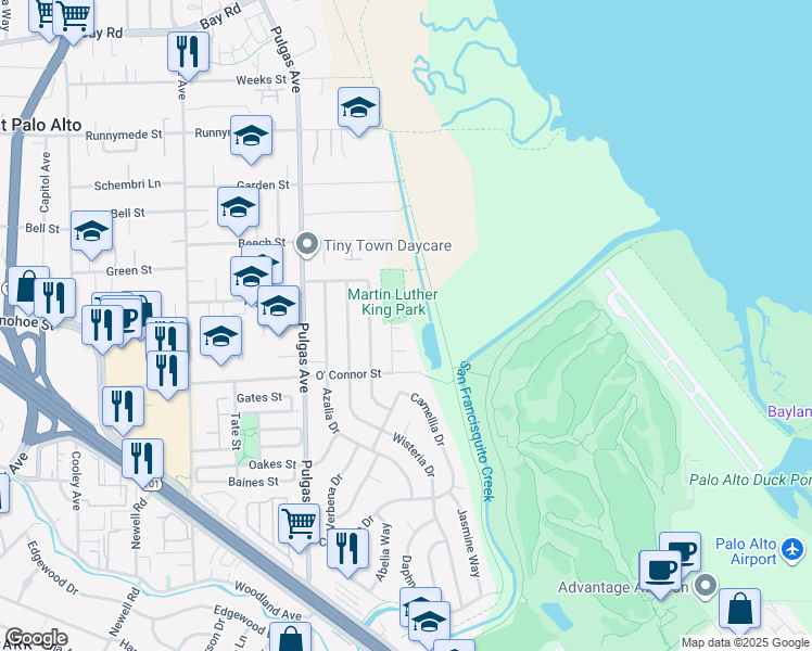 map of restaurants, bars, coffee shops, grocery stores, and more near 454 Daisy Lane in East Palo Alto