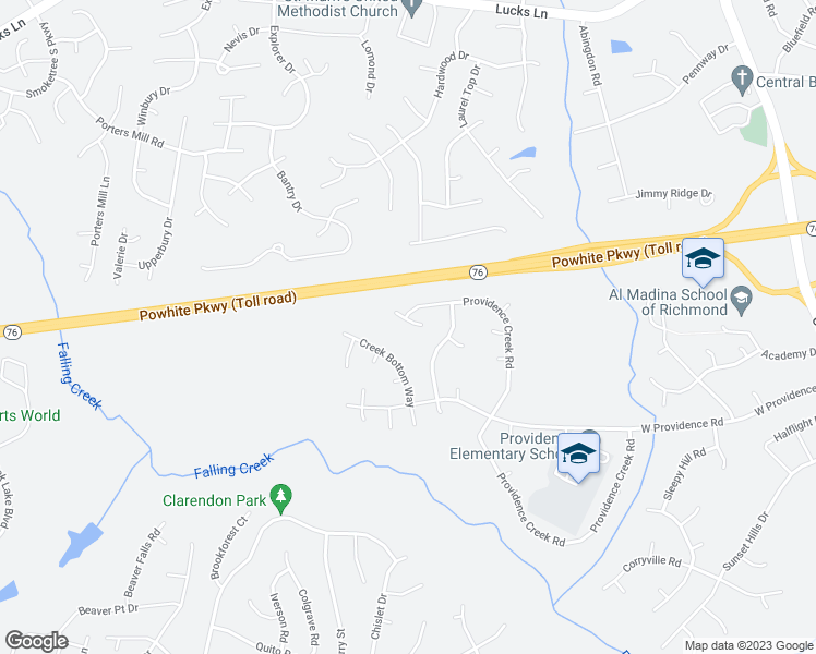 map of restaurants, bars, coffee shops, grocery stores, and more near 1800 Providence Creek Circle in Richmond