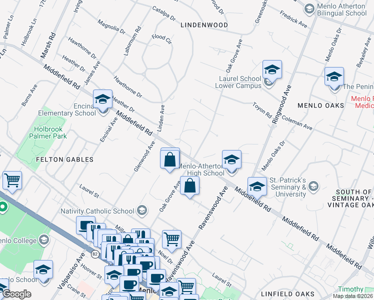 map of restaurants, bars, coffee shops, grocery stores, and more near 11 De Bell Drive in Atherton