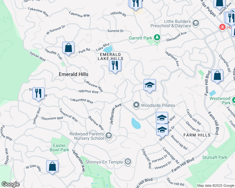 map of restaurants, bars, coffee shops, grocery stores, and more near 3835 Woodland Way in Emerald Hills