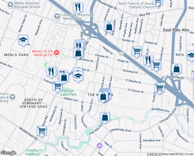 map of restaurants, bars, coffee shops, grocery stores, and more near 618 Laurel Ave in Menlo Park