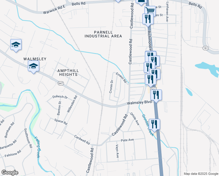 map of restaurants, bars, coffee shops, grocery stores, and more near 4725 Cronin Drive in Richmond