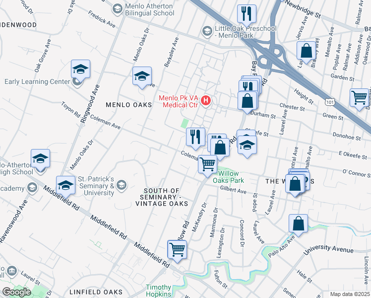map of restaurants, bars, coffee shops, grocery stores, and more near 744 Coleman Avenue in Menlo Park
