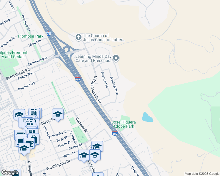 map of restaurants, bars, coffee shops, grocery stores, and more near 2022 Stratford Drive in Milpitas