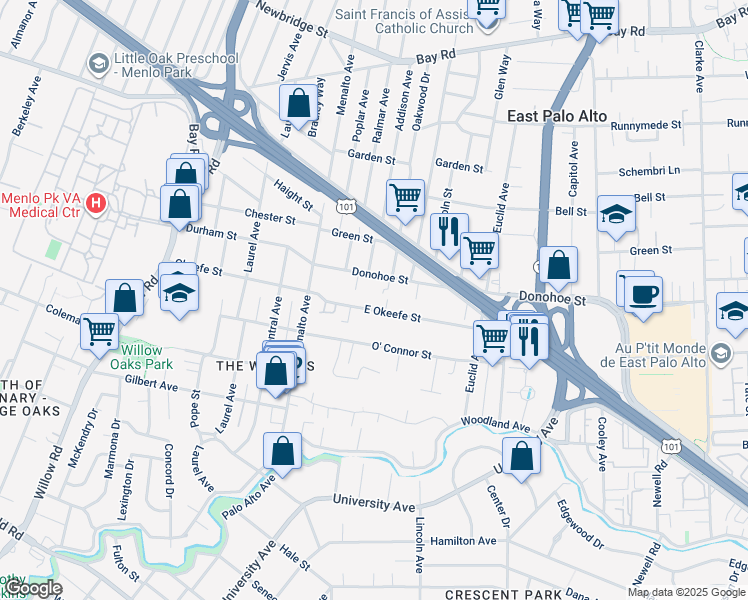 map of restaurants, bars, coffee shops, grocery stores, and more near 245 East Okeefe Street in East Palo Alto