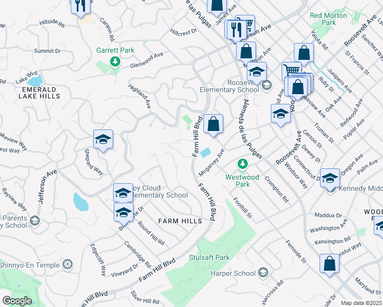 map of restaurants, bars, coffee shops, grocery stores, and more near 3560 Farm Hill Boulevard in Redwood City
