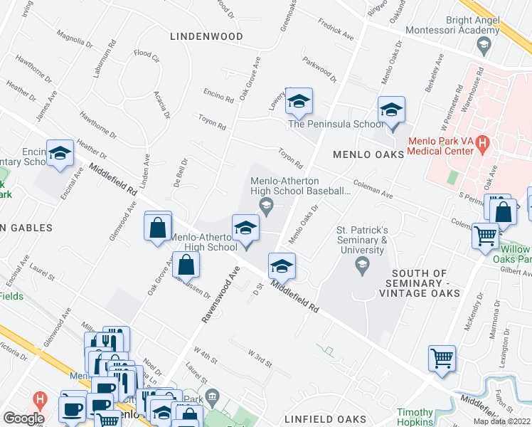 map of restaurants, bars, coffee shops, grocery stores, and more near 555 Middlefield Road in Menlo Park
