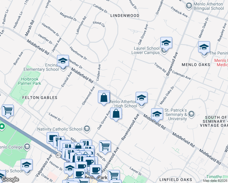 map of restaurants, bars, coffee shops, grocery stores, and more near 11 De Bell Drive in Atherton
