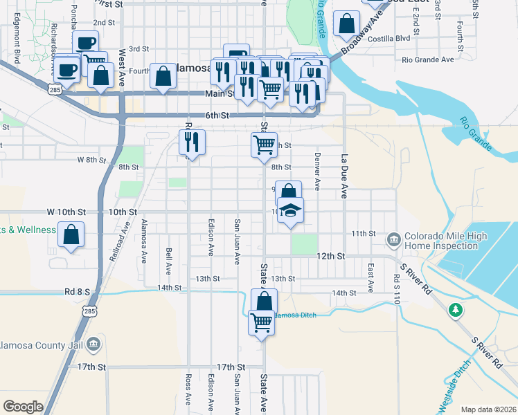 map of restaurants, bars, coffee shops, grocery stores, and more near 929 State Avenue in Alamosa