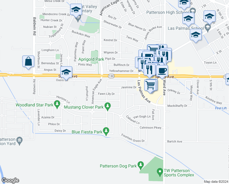 map of restaurants, bars, coffee shops, grocery stores, and more near 1217 Fawn Lily Drive in Patterson