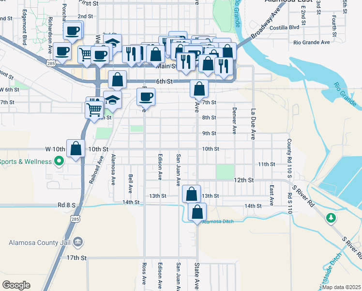 map of restaurants, bars, coffee shops, grocery stores, and more near 631 10th Street in Alamosa