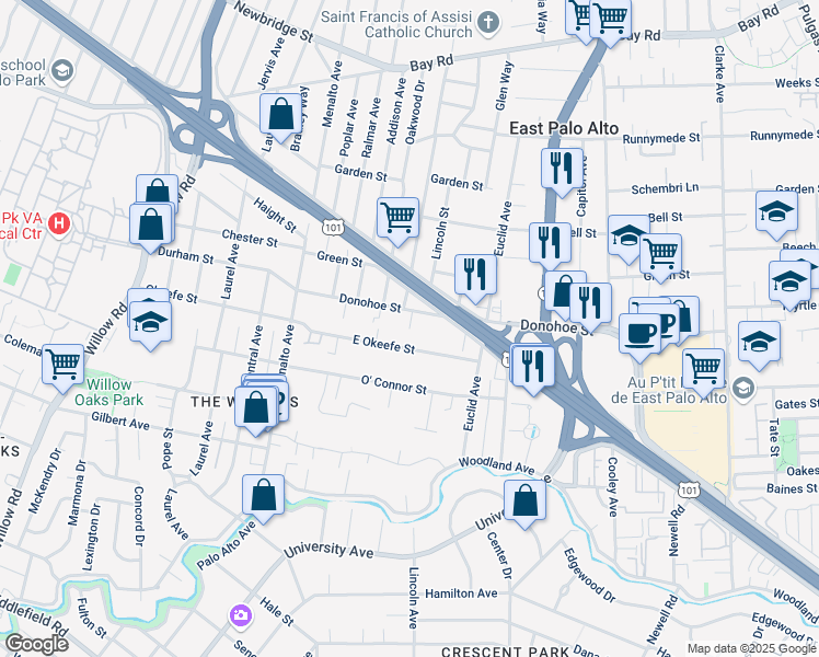map of restaurants, bars, coffee shops, grocery stores, and more near 395 East Okeefe Street in East Palo Alto