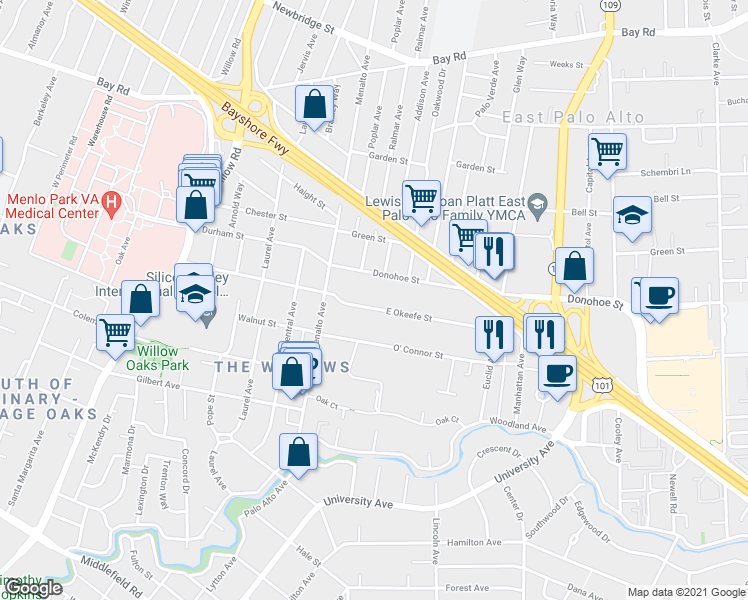 map of restaurants, bars, coffee shops, grocery stores, and more near 215 East Okeefe Street in East Palo Alto