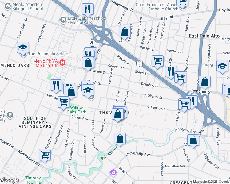 map of restaurants, bars, coffee shops, grocery stores, and more near 618 Laurel Avenue in Menlo Park