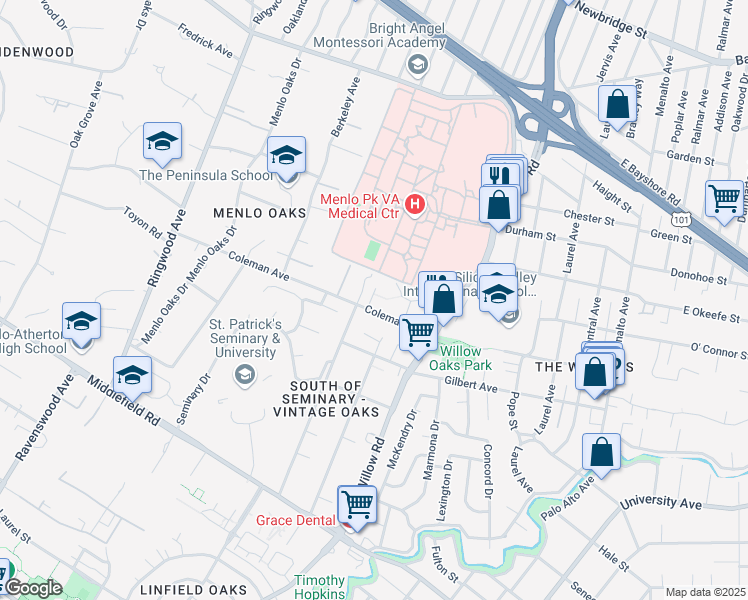 map of restaurants, bars, coffee shops, grocery stores, and more near 770 Coleman Avenue in Menlo Park