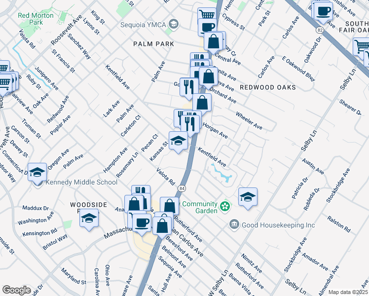 map of restaurants, bars, coffee shops, grocery stores, and more near 1742 Kentfield Avenue in Redwood City