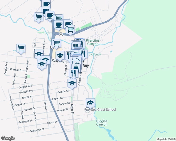 map of restaurants, bars, coffee shops, grocery stores, and more near 523 San Benito Street in Half Moon Bay
