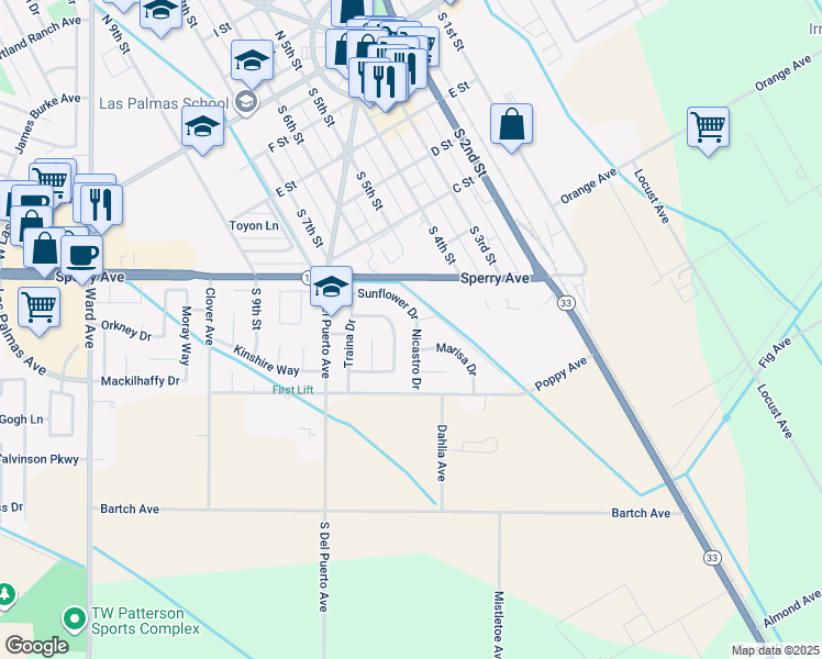 map of restaurants, bars, coffee shops, grocery stores, and more near 541 Nicastro Drive in Patterson