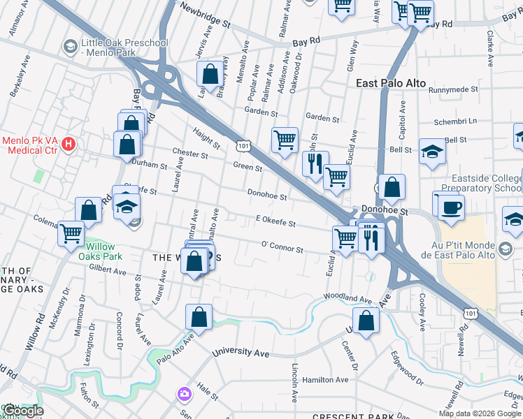map of restaurants, bars, coffee shops, grocery stores, and more near 245 East Okeefe Street in East Palo Alto