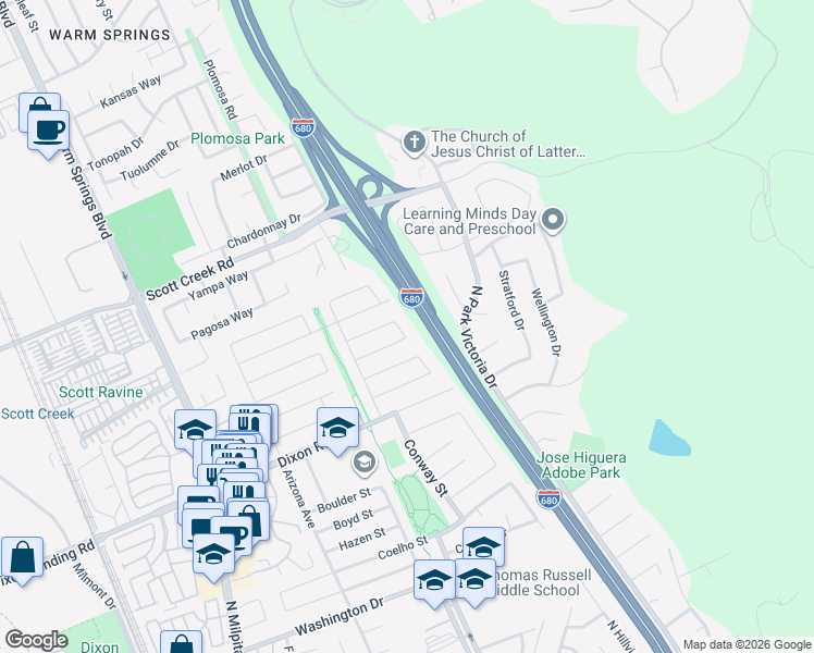 map of restaurants, bars, coffee shops, grocery stores, and more near 2102 Gross Street in Milpitas