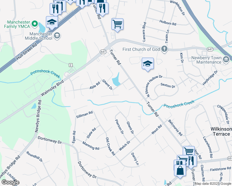 map of restaurants, bars, coffee shops, grocery stores, and more near 3285 Ghent Drive in Chesterfield