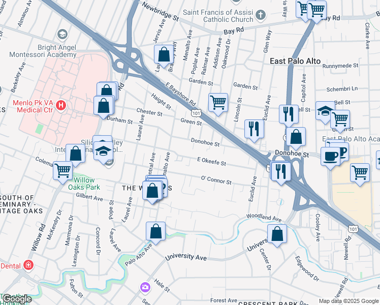 map of restaurants, bars, coffee shops, grocery stores, and more near 201 East Okeefe Street in East Palo Alto