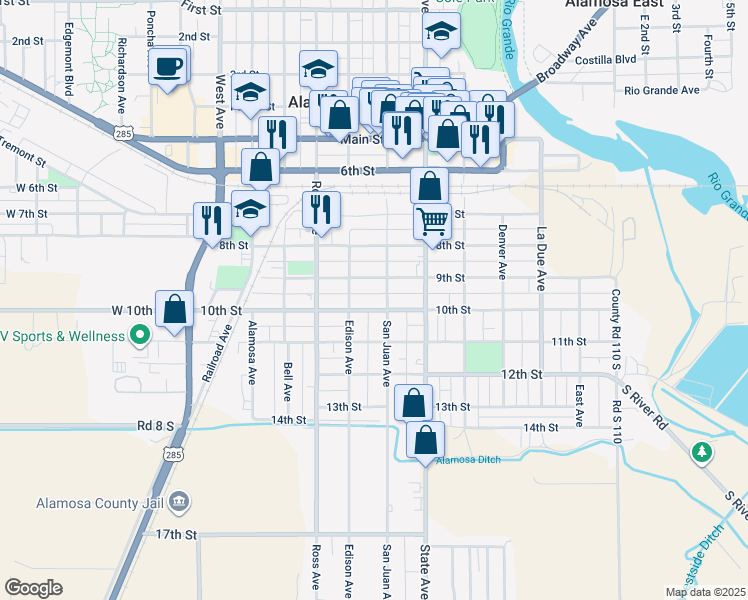 map of restaurants, bars, coffee shops, grocery stores, and more near 631 10th Street in Alamosa