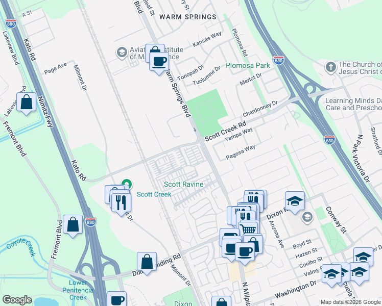 map of restaurants, bars, coffee shops, grocery stores, and more near 48937 Tree Fern Common in Fremont
