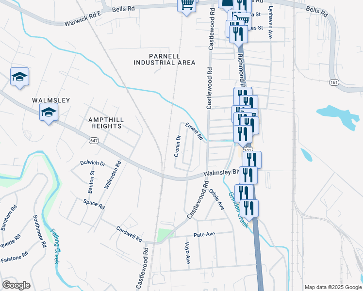 map of restaurants, bars, coffee shops, grocery stores, and more near 4720 Cronin Drive in Richmond