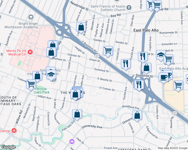 map of restaurants, bars, coffee shops, grocery stores, and more near 201 East Okeefe Street in East Palo Alto