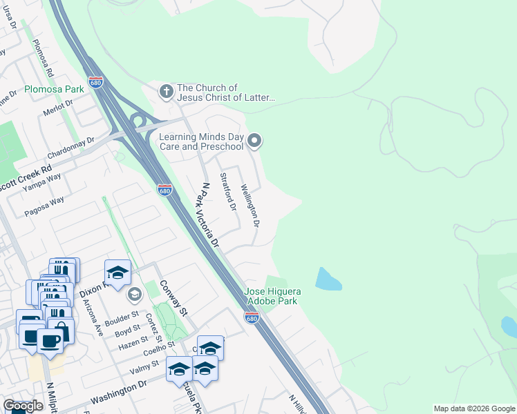 map of restaurants, bars, coffee shops, grocery stores, and more near 2018 Wellington Drive in Milpitas