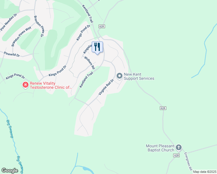 map of restaurants, bars, coffee shops, grocery stores, and more near 10414 Virginia Rail Court in Providence Forge