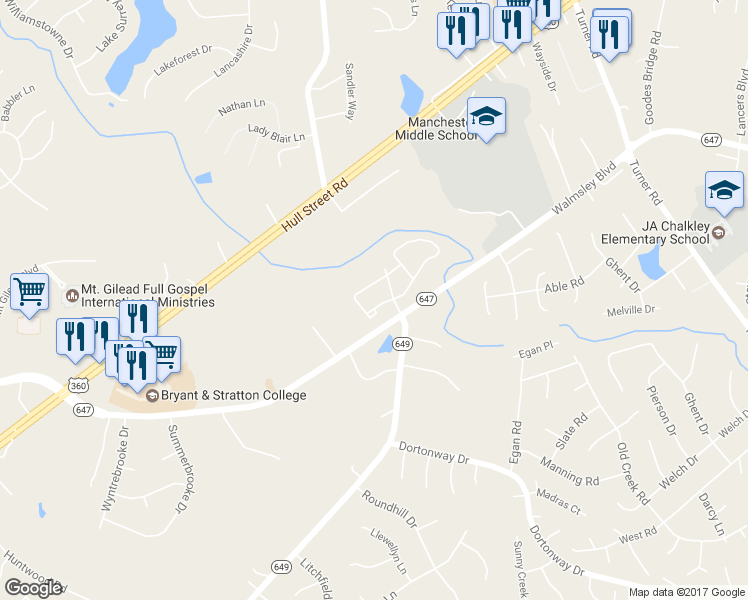 map of restaurants, bars, coffee shops, grocery stores, and more near 7651 Van Hoy Drive in Richmond