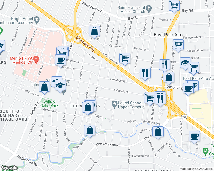map of restaurants, bars, coffee shops, grocery stores, and more near 215 East Okeefe Street in East Palo Alto