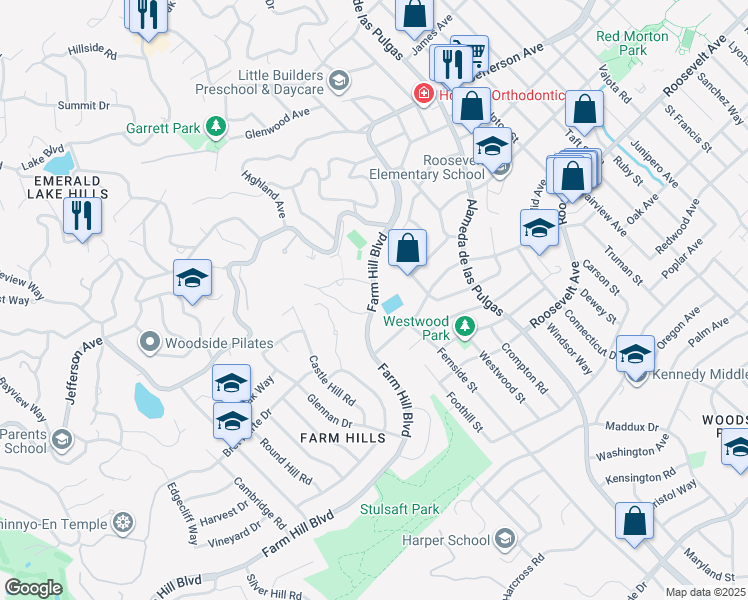 map of restaurants, bars, coffee shops, grocery stores, and more near 3550 Farm Hill Boulevard in Redwood City