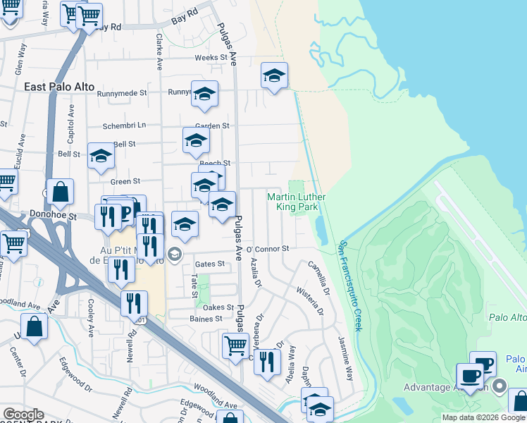 map of restaurants, bars, coffee shops, grocery stores, and more near 443 Wisteria Drive in East Palo Alto