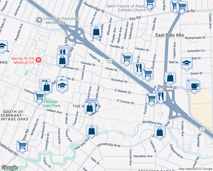 map of restaurants, bars, coffee shops, grocery stores, and more near 165 East Okeefe Street in East Palo Alto