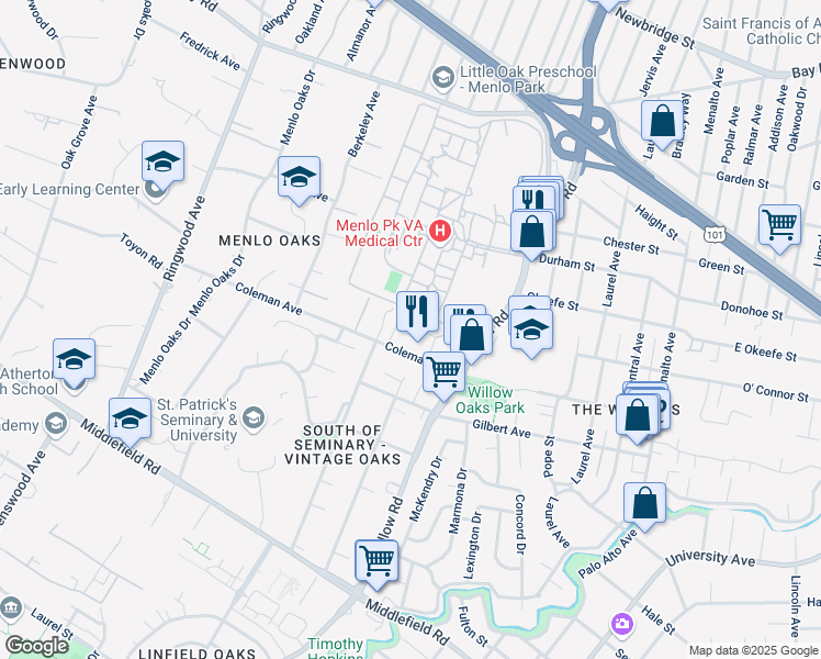 map of restaurants, bars, coffee shops, grocery stores, and more near 11 Coleman Place in Menlo Park
