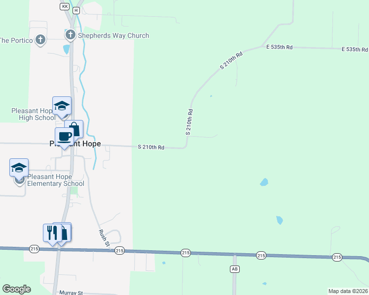 map of restaurants, bars, coffee shops, grocery stores, and more near South 210th Road in Pleasant Hope