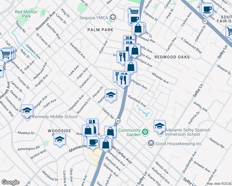 map of restaurants, bars, coffee shops, grocery stores, and more near 1694 Kentfield Avenue in Redwood City