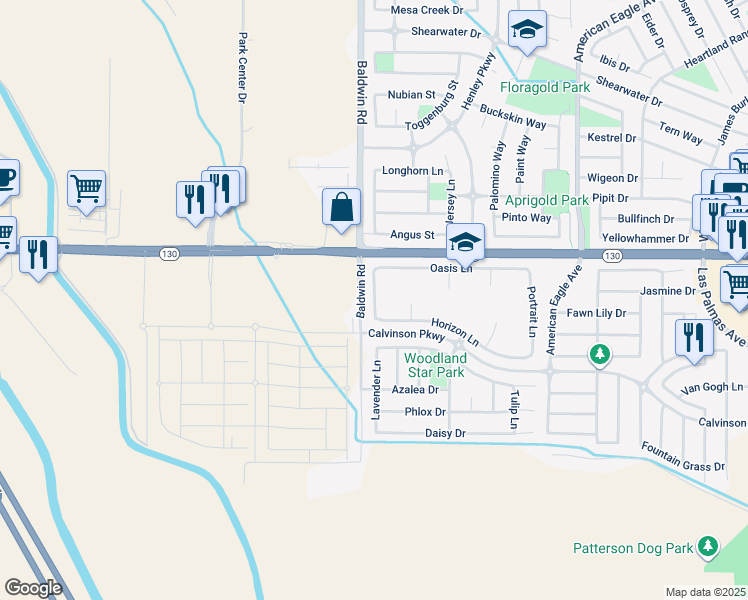 map of restaurants, bars, coffee shops, grocery stores, and more near 62 Nostalgia Avenue in Patterson