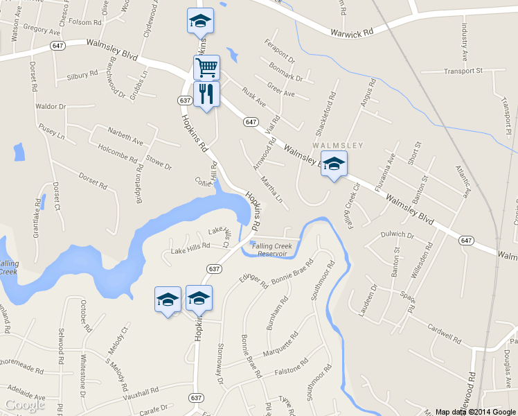 map of restaurants, bars, coffee shops, grocery stores, and more near 4401 Hopkins Road in Richmond