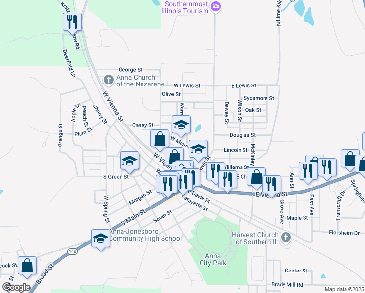 map of restaurants, bars, coffee shops, grocery stores, and more near 161 West Monroe Street in Anna