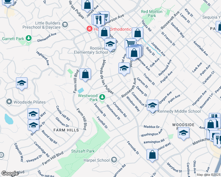 map of restaurants, bars, coffee shops, grocery stores, and more near 2674 Briarfield Avenue in Redwood City